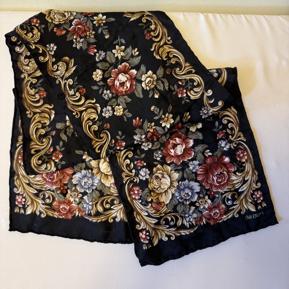 Vintage Bill Blass 100% Silk Floral Rose with Rich Gold Detail Scarf 57" x 10"